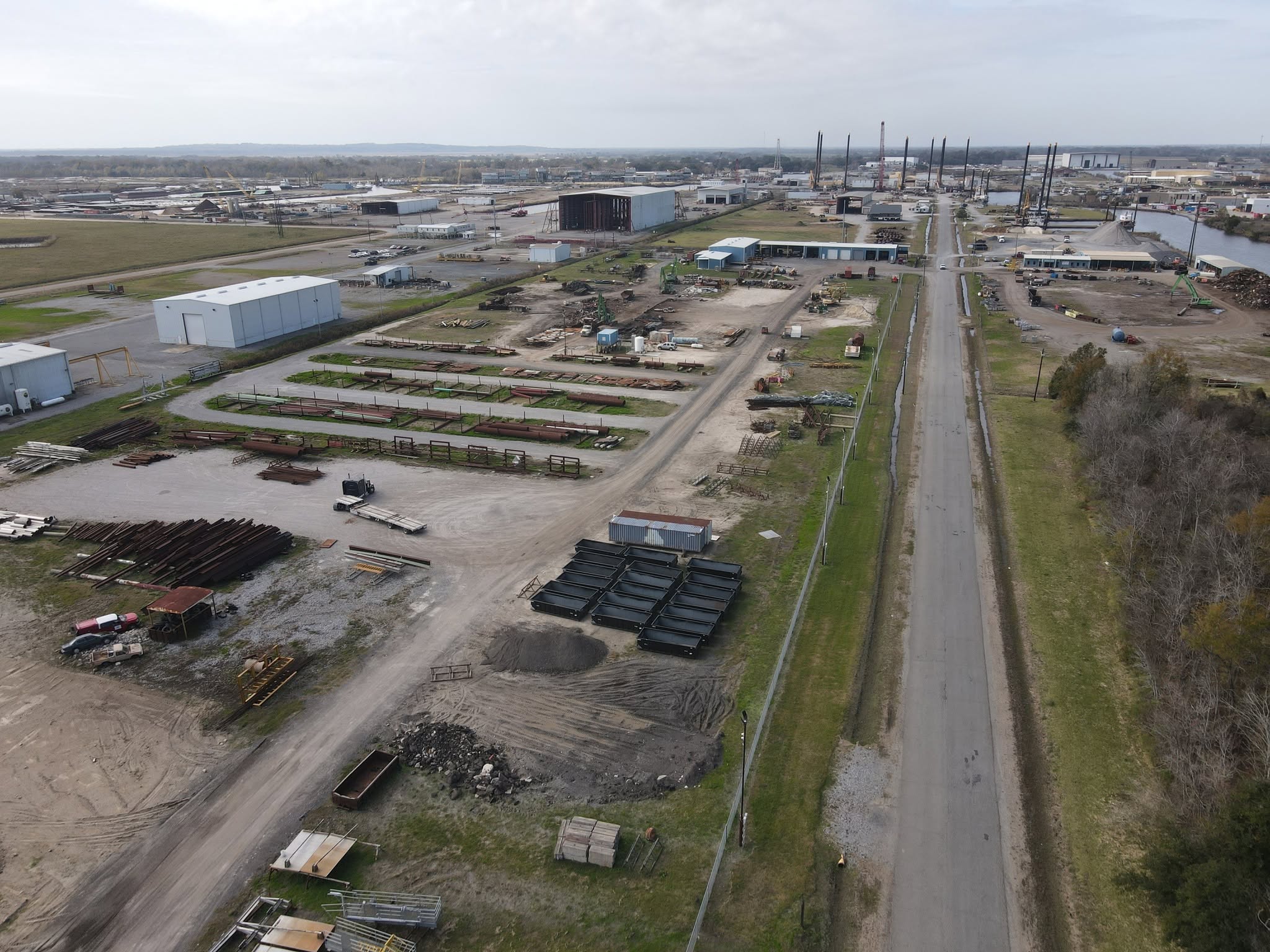 Aerial view down Marina Road beside Thibodeaux & Son Scrap Yard